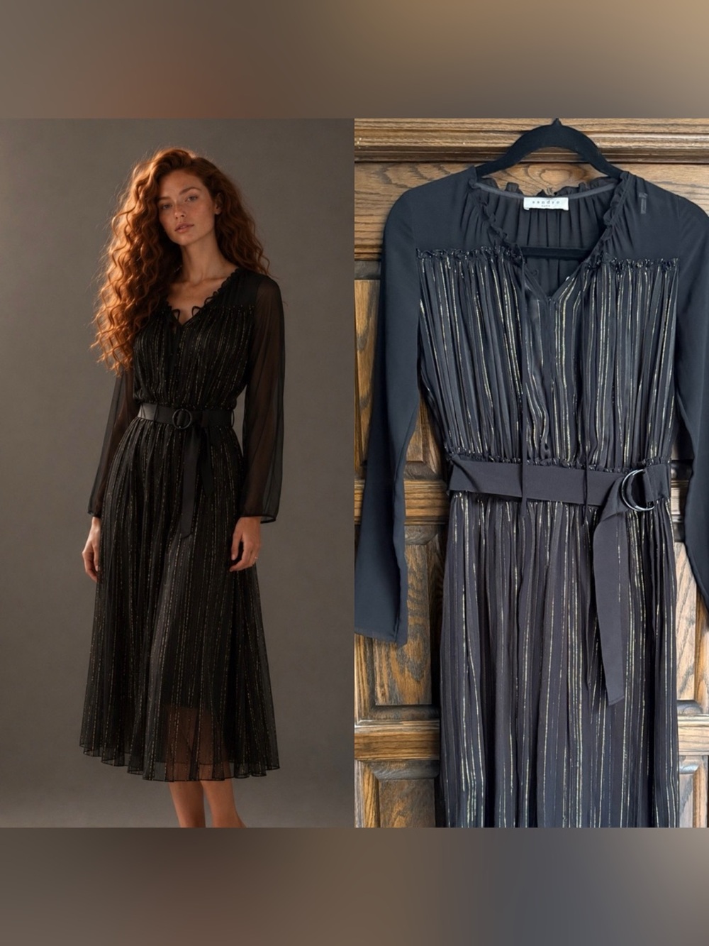 Sandro Paris Metallic Stripe Chiffon Midi Dress Belted Black